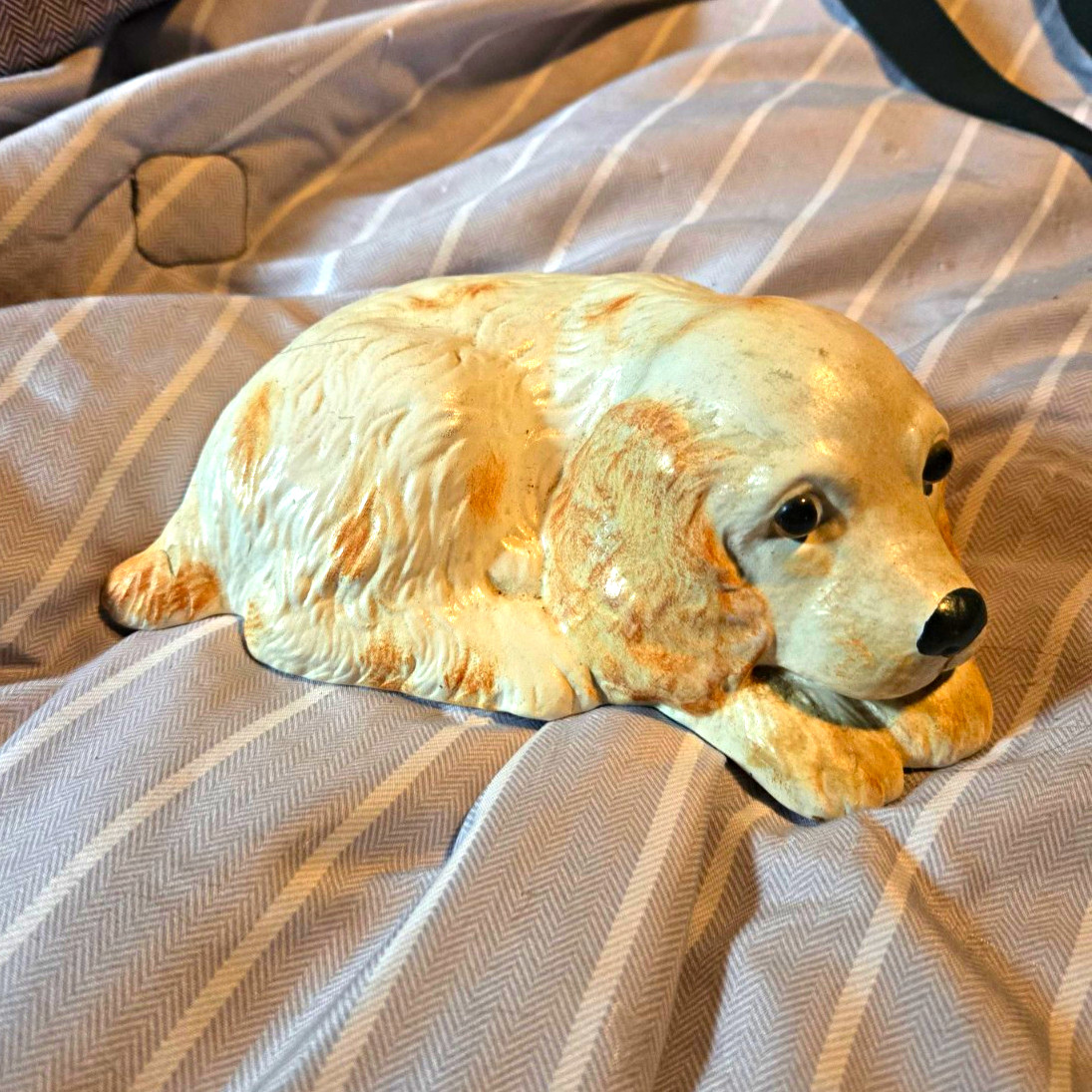 Ceramic Lying Dog Figurine Glossy Finish 3D Effect White Brown Black