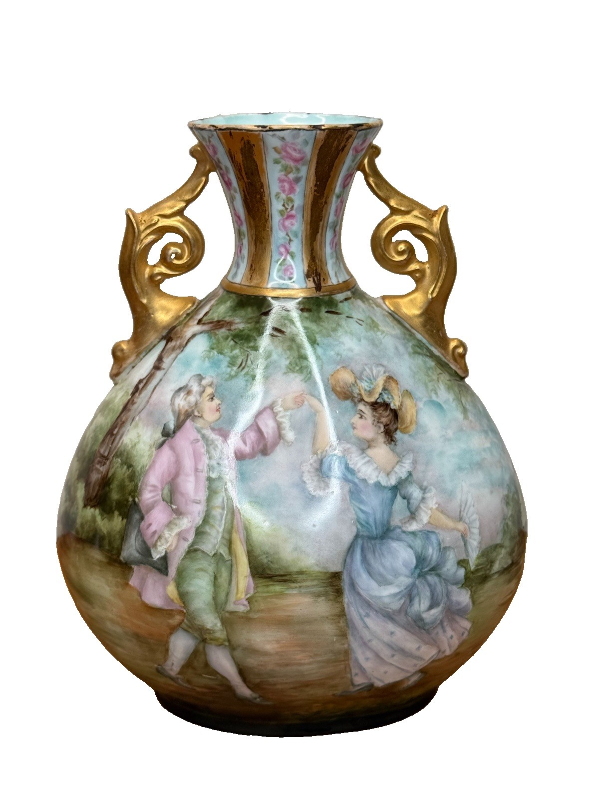 Antique KTK Lotus Ware Fine Porcelain Vase Dancing Scene Forest Ornate Handles