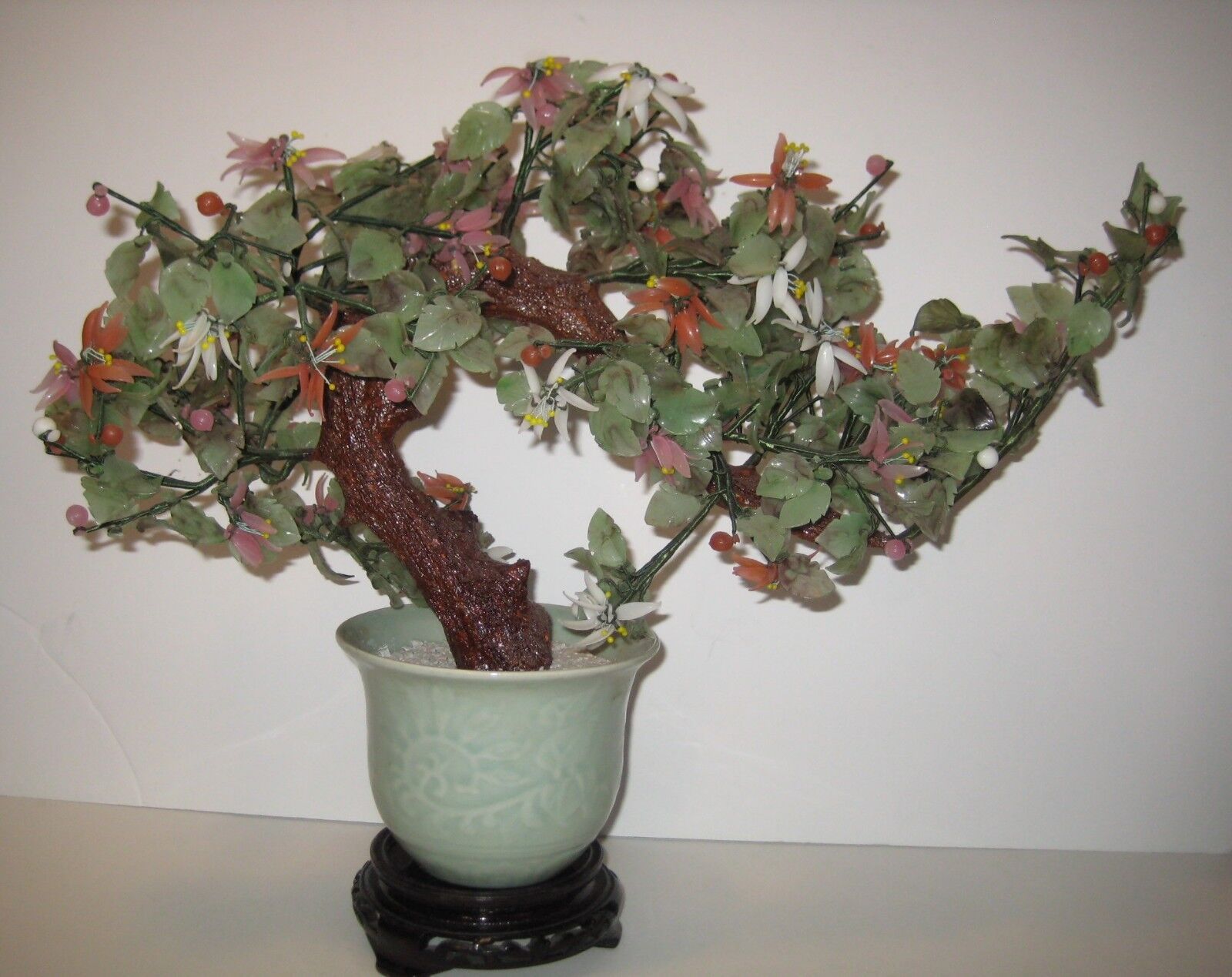 VINTAGE Japanese Asian Jade Rose Quartz Bonsai Tree Celadon Pot Stand 17\