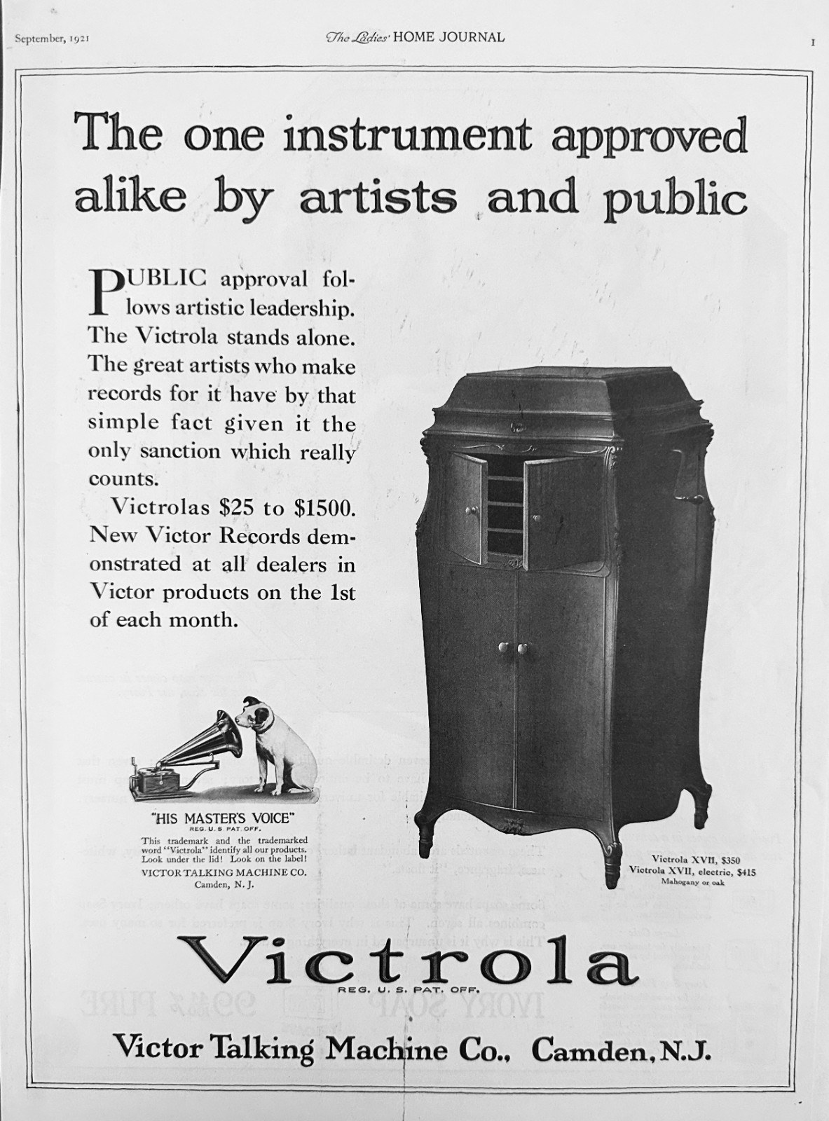 1921 Victor Victrola XVII Floor Model Phonograph Ad # 2227