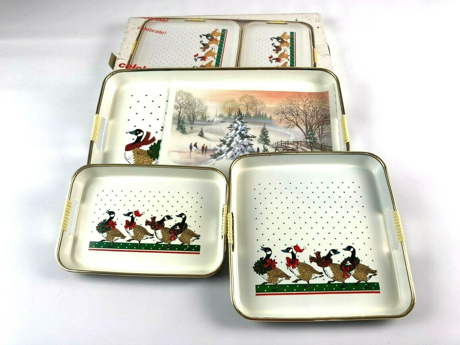 vtg 3 pc Set Lacquer Tray Christmas Canadian Geese Market Place Japan 704110 NEW