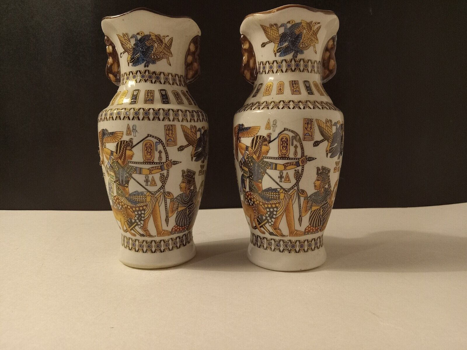 (2) Hand Painted Pair Egyptian Depictions Moriage Style Vase 6in. Tall, EUC