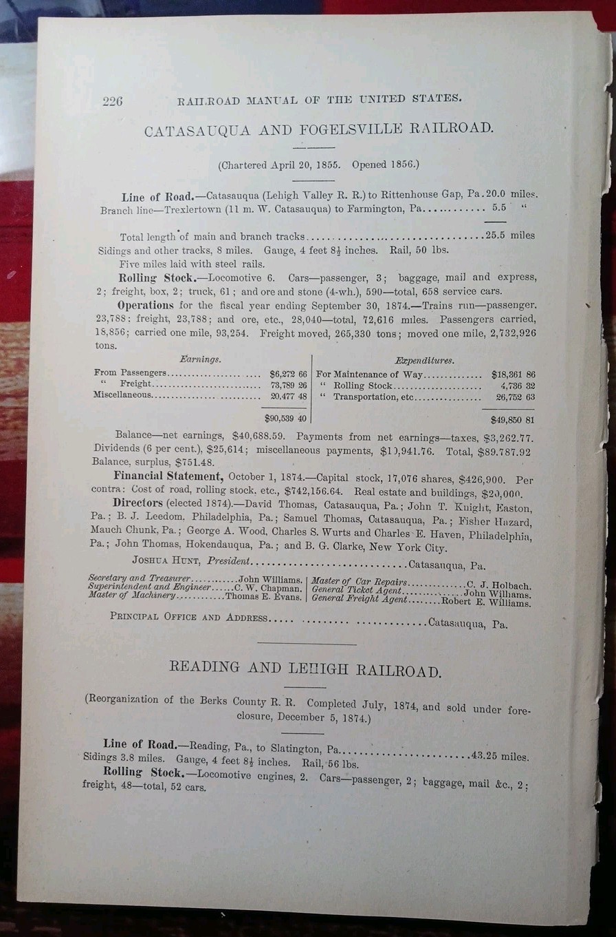 1876 Antique Train Report CATASAUQUA & FOGELSVILLE RAILROAD Trexlertown PA