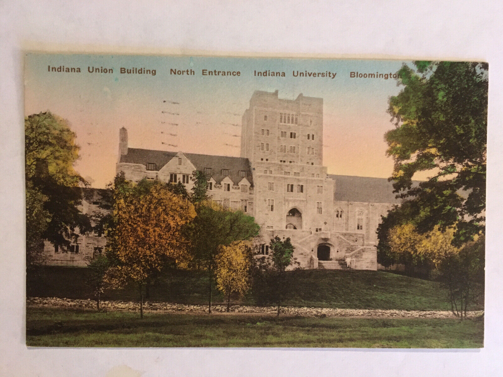 Postcard Indiana Bloomington IN University North Entrance Hand Color  Posted