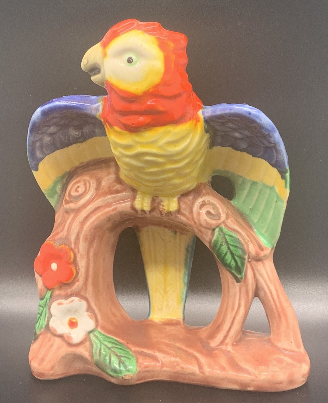 Vintage Majolica Parrot Vase Hand Painted Ceramic Pottery