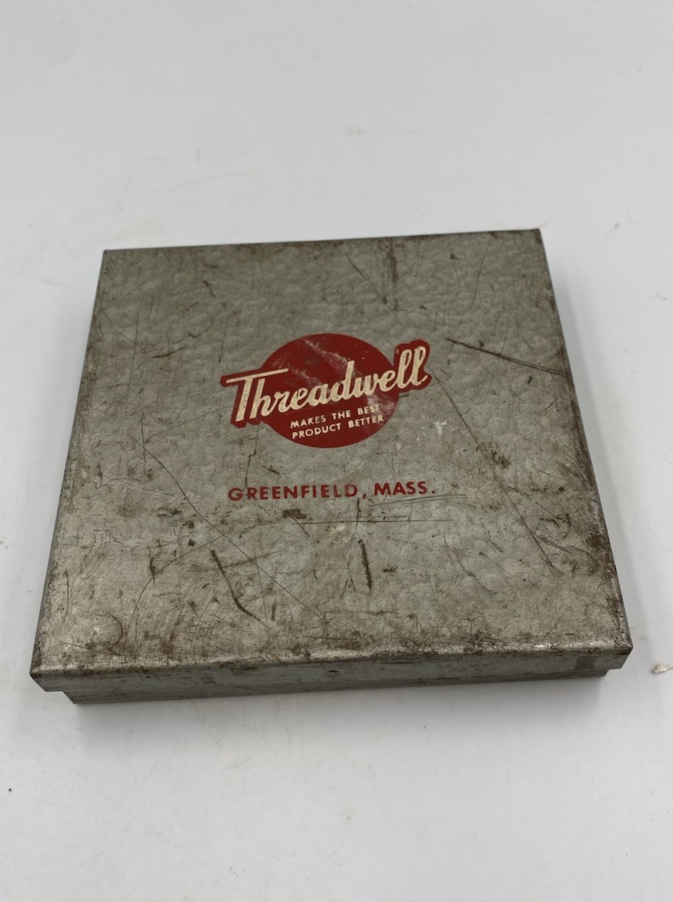 Vintage TREAD-WELL Hinged METAL Box GREENFIELD, Mass. 4.5” X 4.5”