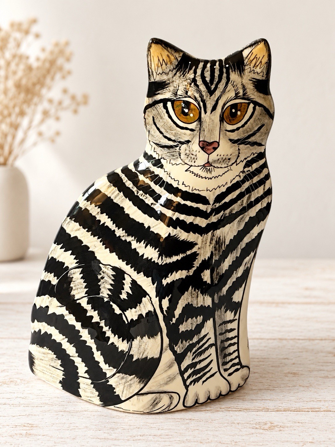 Cats by Nina Lyman Tabby Cat Ceramic Vase Black White Whimsical Folk Art 11.5in