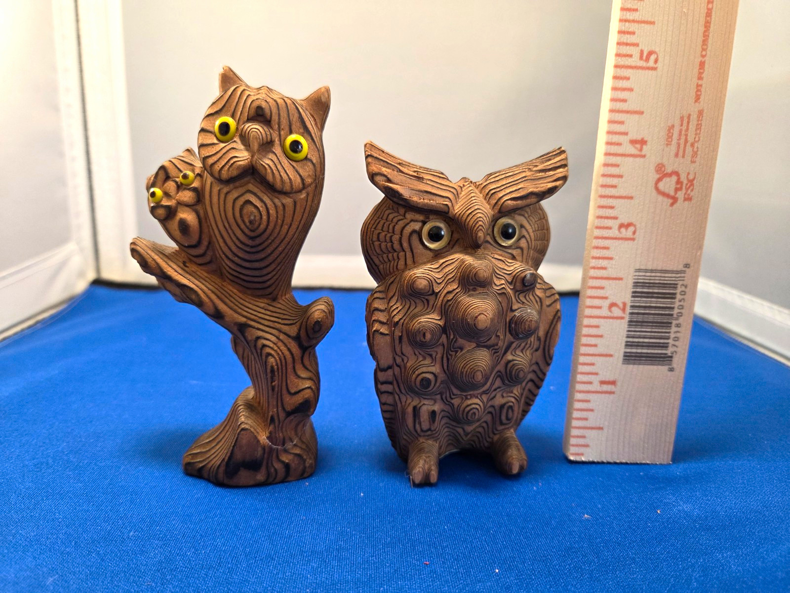 Pair Of Vintage Hand Carved Wooden Owls  JAPAN