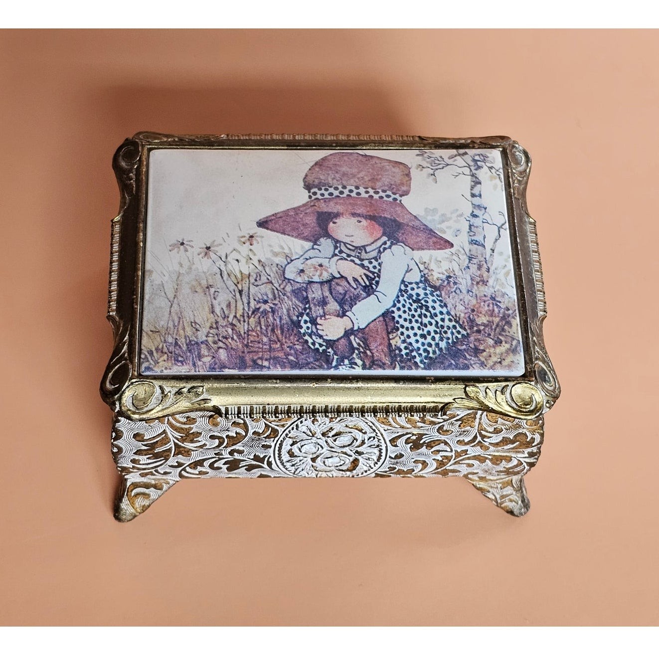 Vintage 70s Gold Scroll Red Velvet Casket Jewelry Box Painted Prairie Girl