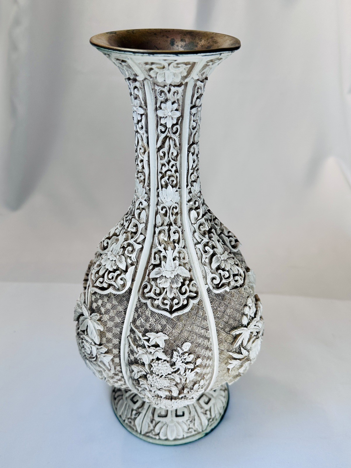 Ivory Dynasty Dragon Mark Faux Ivory Relief Cinnabar Vase Brass Interior 12.5\