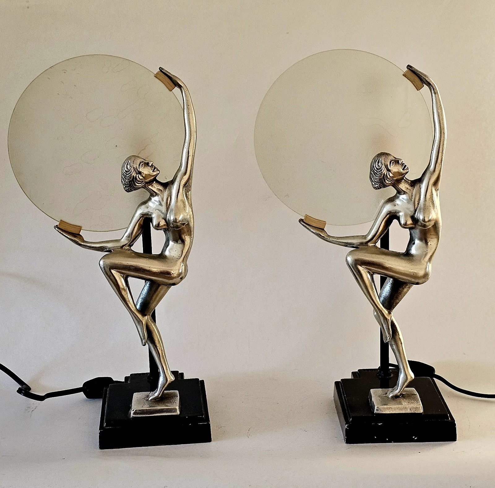 MCM ART-DECO 1984 PAIR NUDE Lady Frankart Style Lamps BY MANN SILVER 