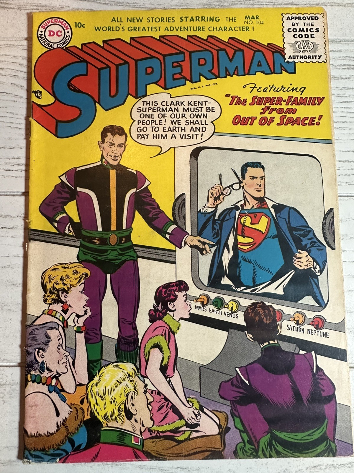 Superman #104 Mar 1956 The Super-Family From Out Of Space Boring Cover VG/FN