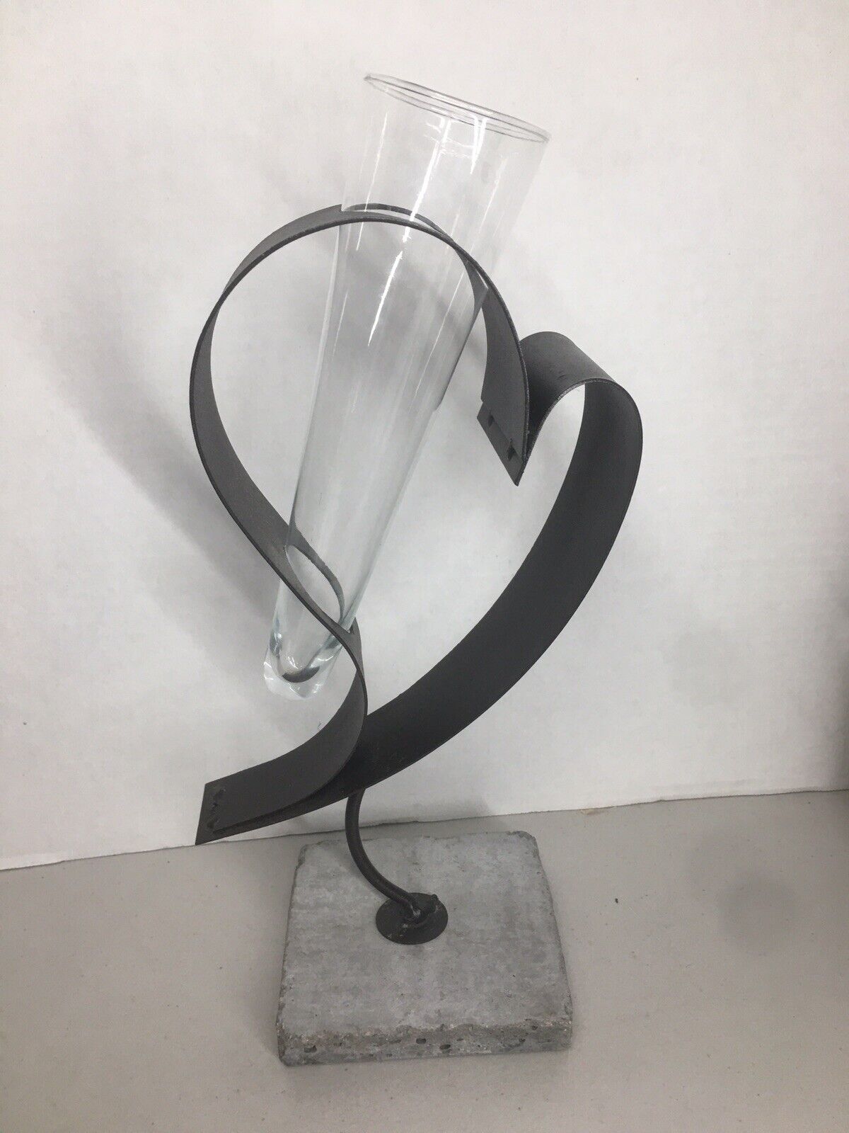 Unique Rustic Heart Sculpture Vase w/Concrete Base, Glass Vase Abstract 12”