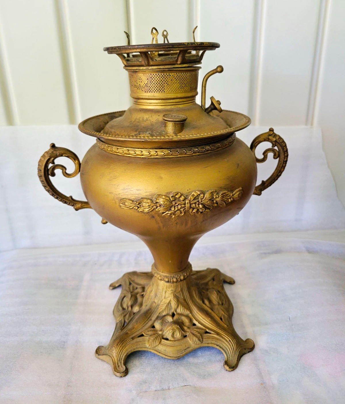 19th Century Brass Juno Kerosene Lamp. 13” high.