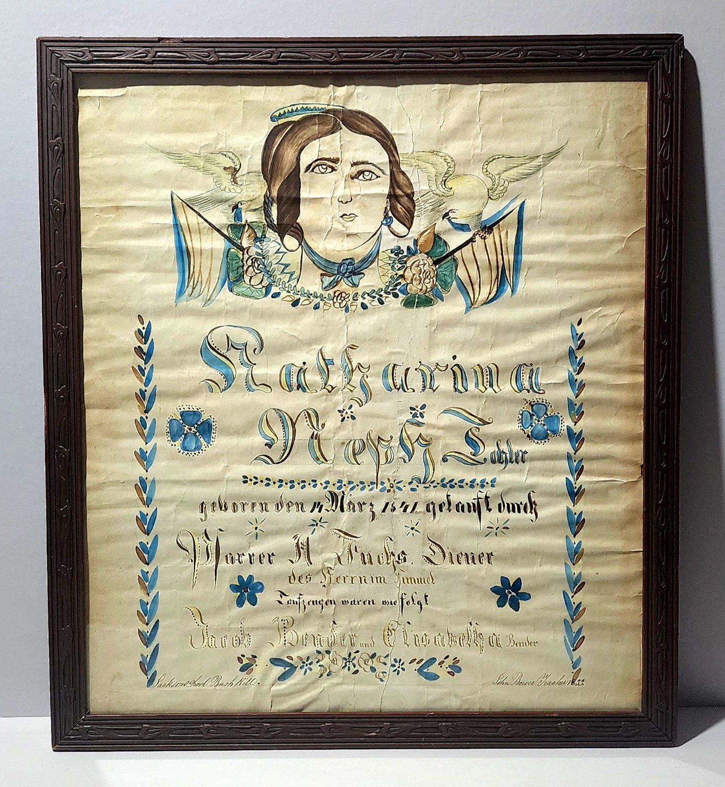 Antique 1853 Pennsylvania German Fraktur Baptism Certificate Folk Art Watercolor