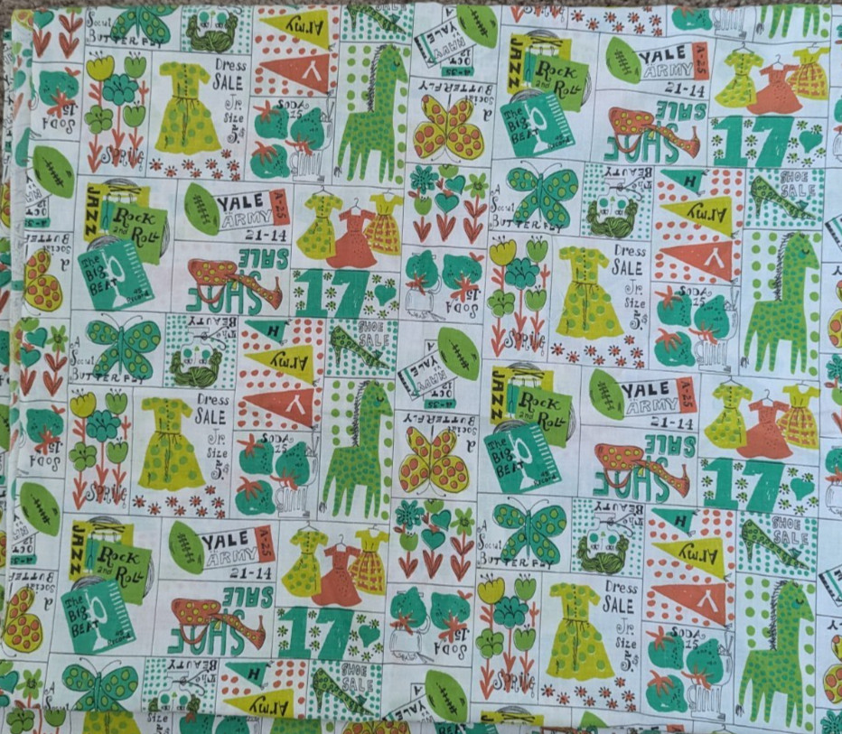 Vintage 1950's Memorabilia Motif Fabric 3 1/2 Yards by 40