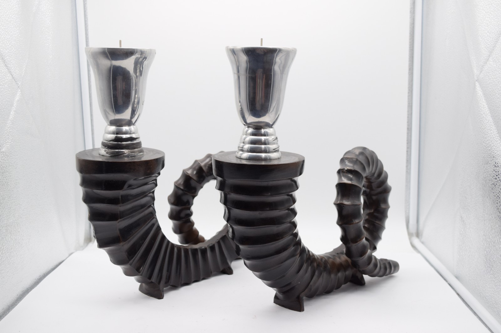 Pair Chapman Bronze Ram Horn Table Candleholders Hollywood Regency