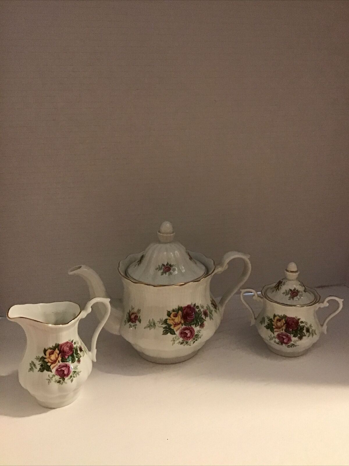 Vintage Walbrzych Floral Rose Tea Pot Creamer and Sugar Bowl w/ Lid