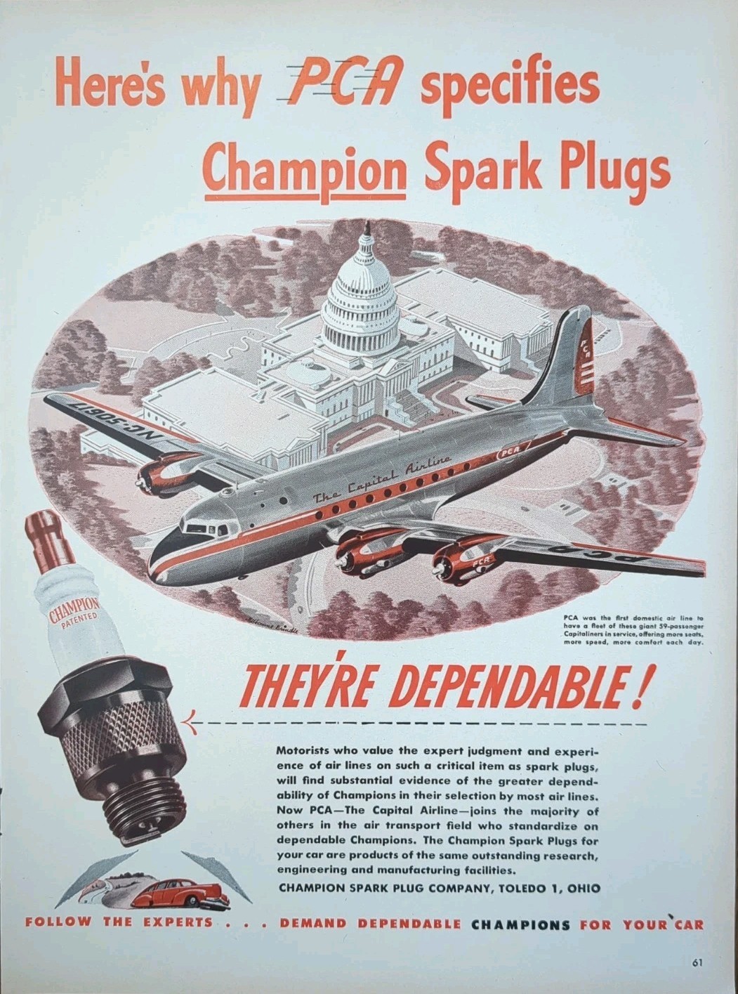 1946 Champion Spark Plugs Vintage Print Ad, Airplane Flying Over DC Capital 