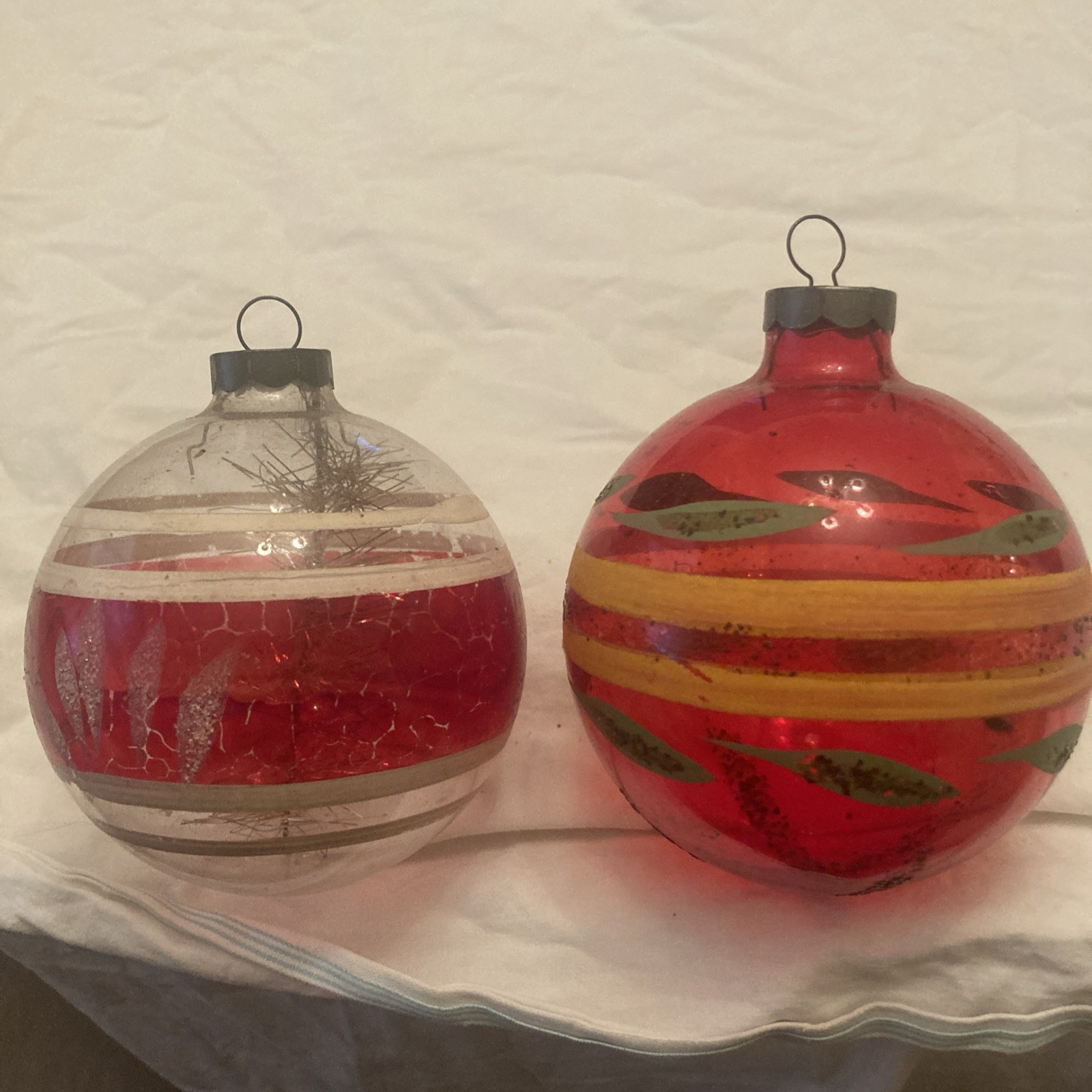 Vintage Lg.Shiny Brite Unsilvered Striped PaintedGlass Ball Christmas Ornaments