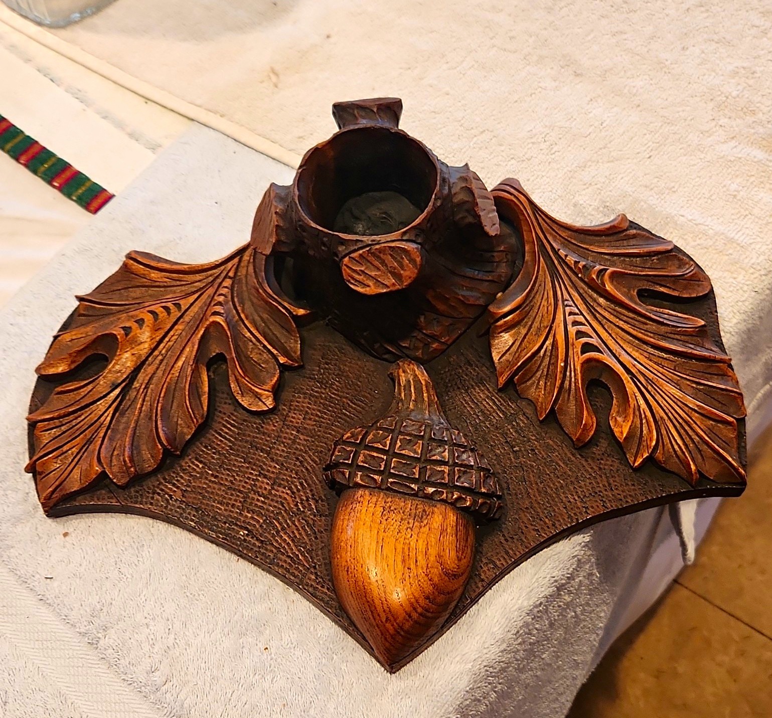 Antique Black Forest Hand Carver Desk Ink Well Stand Oak leaf and Acorn