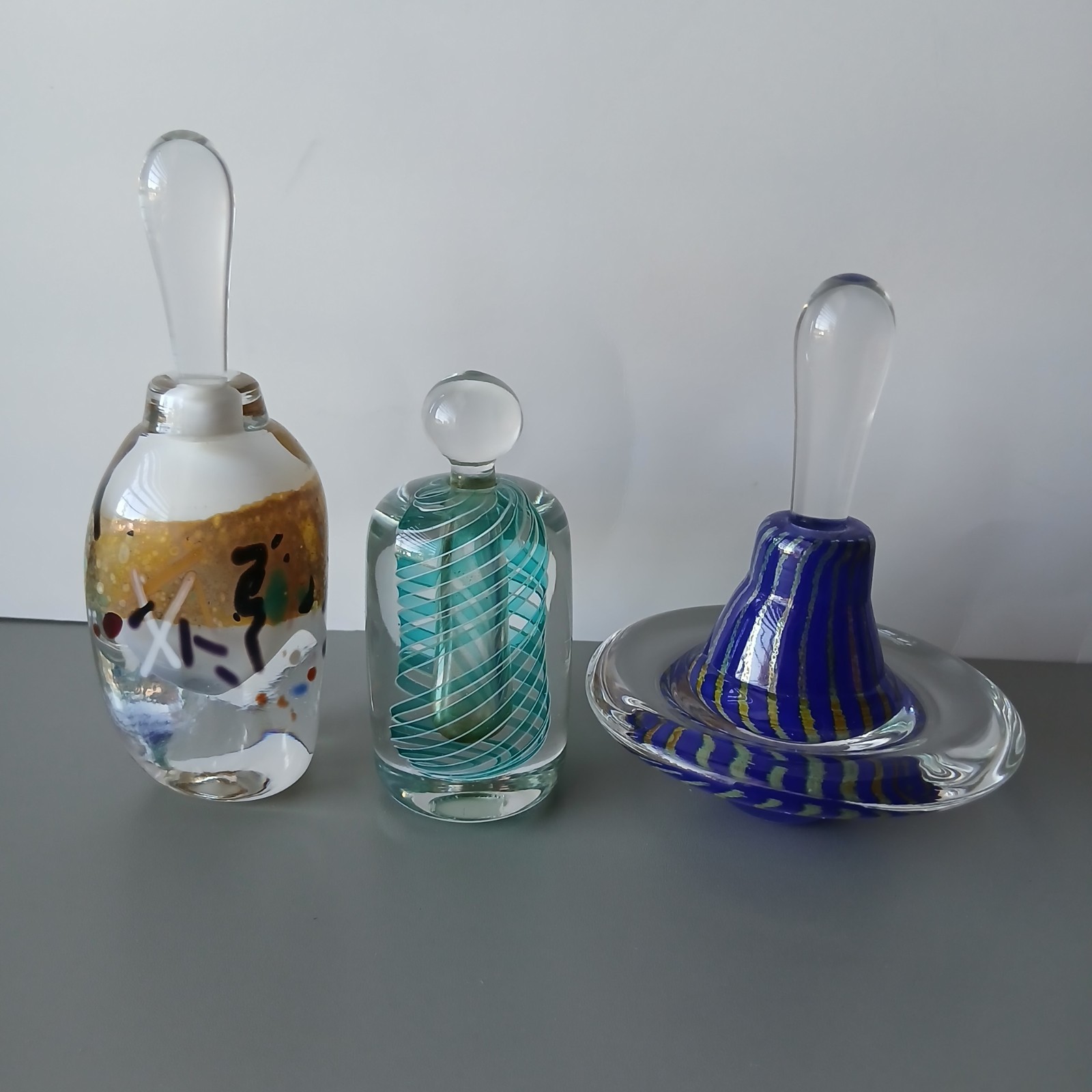 Vintage Lot Of 3 Hand Blown Studio Art Glass Perfume Bottles.