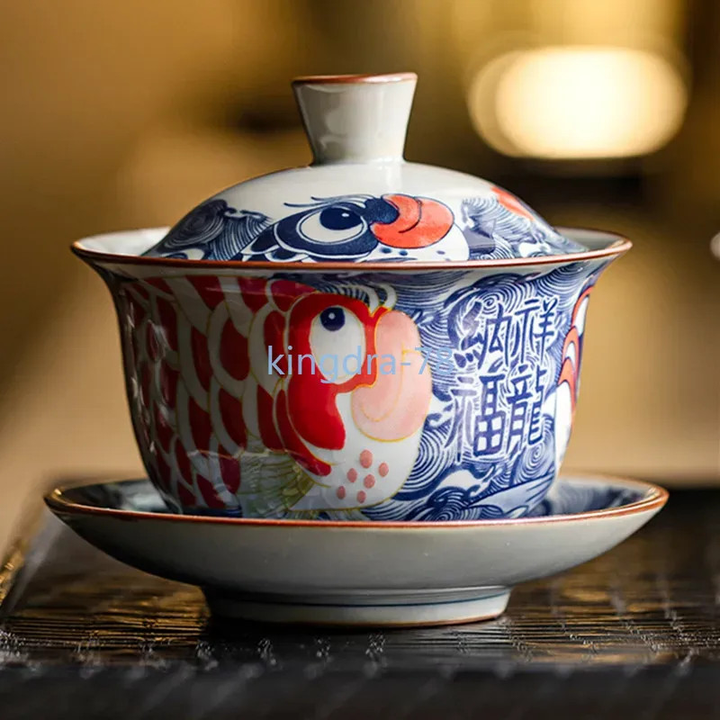 130ml Chinese Blue and White Ceramic Handpainted Fish Gaiwan Tea Tureen Teaware