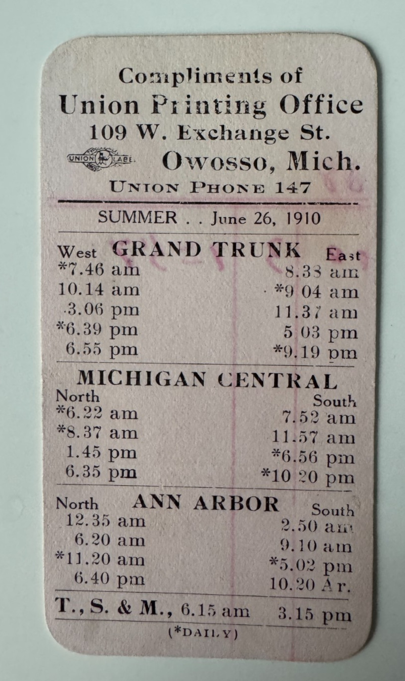 1910 Owosso MI RR Timetable Card Advertising Ann Arbor Railroad Michigan Central