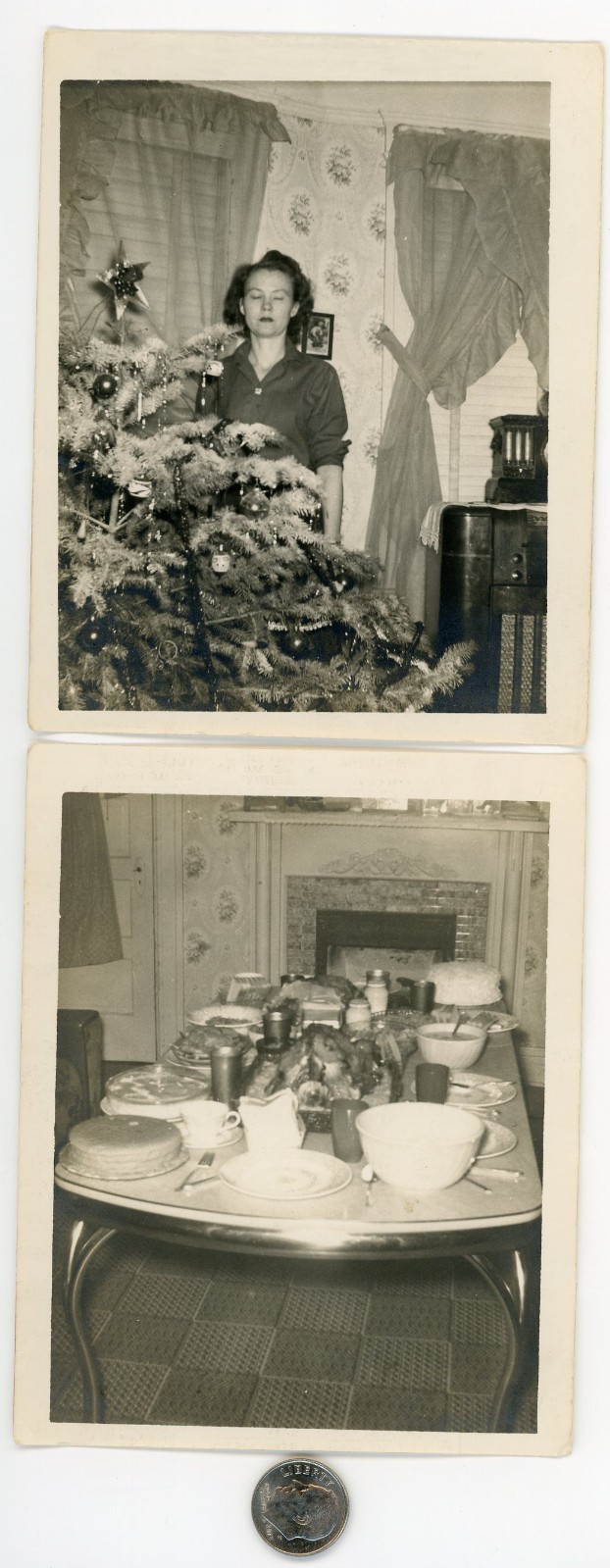 (2) Old 1940's CHRISTMAS photos / Mom by XMAS Tree Communicates with Her Dinner (2) Old 1940's CHRISTMAS photos / Mom by XMAS Tree Communicates with Her Dinner