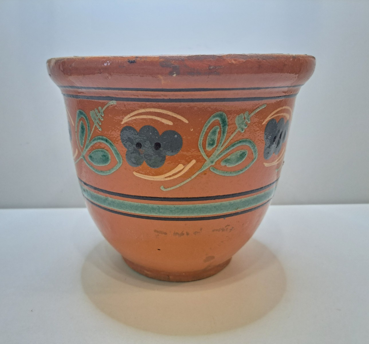Vintage clay ceramic pot under the houseplant USSR old painting 17cm