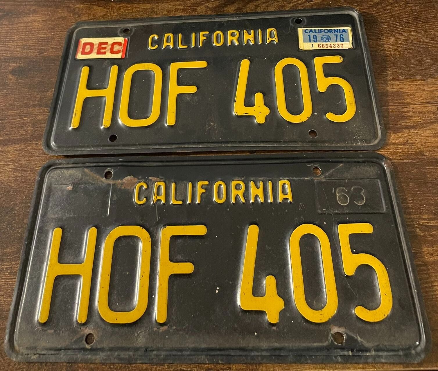 1976 California License Plate Pair HOF 405 1963 1964 1965 1966 1967 1968 1969