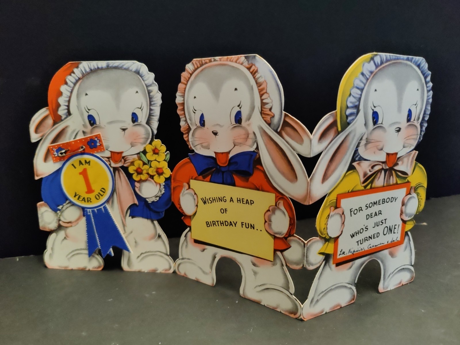 1942 Birthday Greeting Card -One Year Old -PIN BADGE -BUNNY First Bday -Tri-Fold