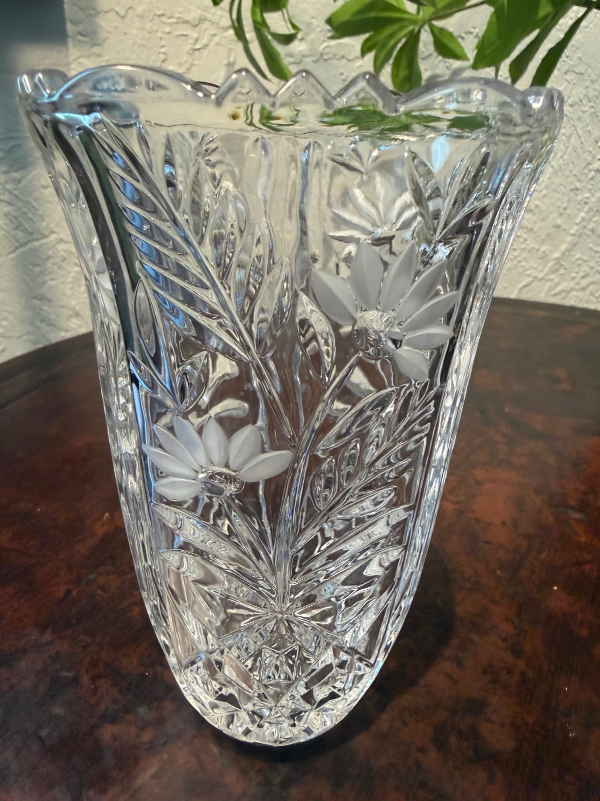 Vintage Cut Glass Vase – Floral & Leaf Pattern – Scalloped Rim – Heavy