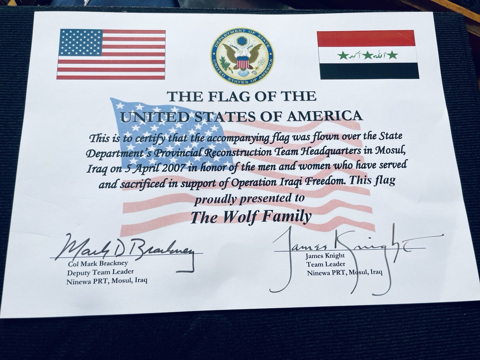 US Flag Flown Over Mosul Iraq 2007 Operation Iraqi Freedom State Dept PRT COA