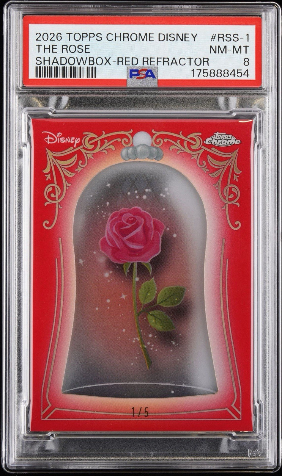 2026 Topps Chrome Disney Beauty And The Beast The Rose Red 1/5 SSP PSA 8