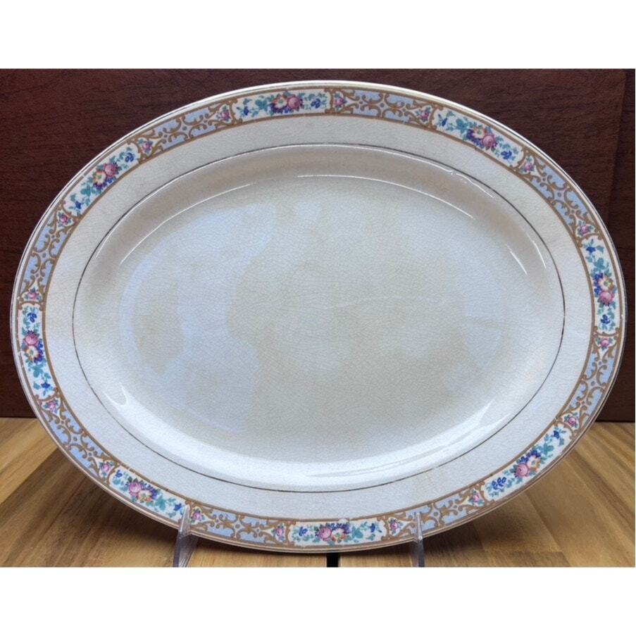Antique Mercer Late 1800s Ceramic Floral Border Serving Platter Crackled Glaze