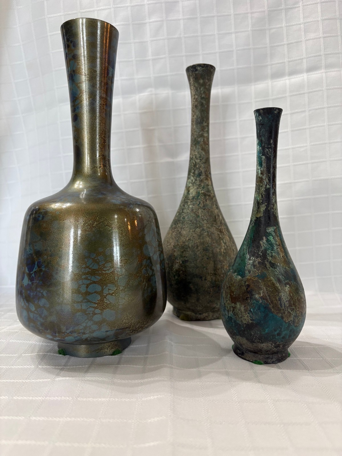 Trio of Vintage MCM Japanese  Murashido BRONZE Vase Verdigris Patina Ikebana OMC