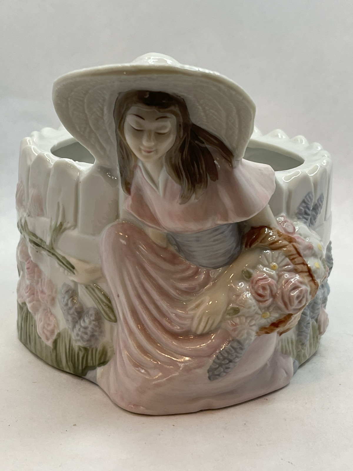 Vintage 1982 Teleflora Hand Painted Planter Girl With Hat By Fence Porcelain