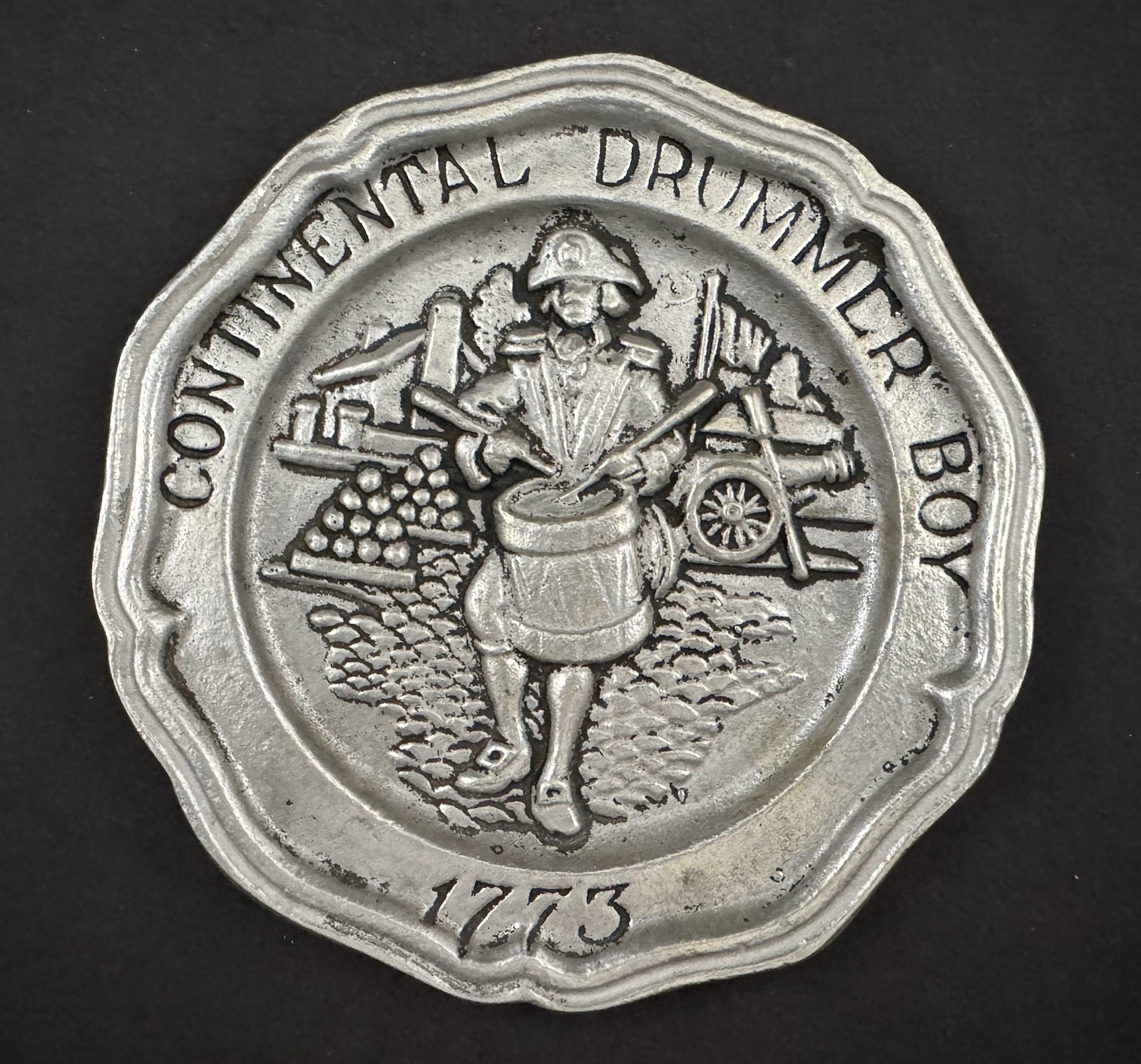 Vintage Continental Drummer Boy 1773 Pewter Plate Wall Hanging - Made in Taiwan