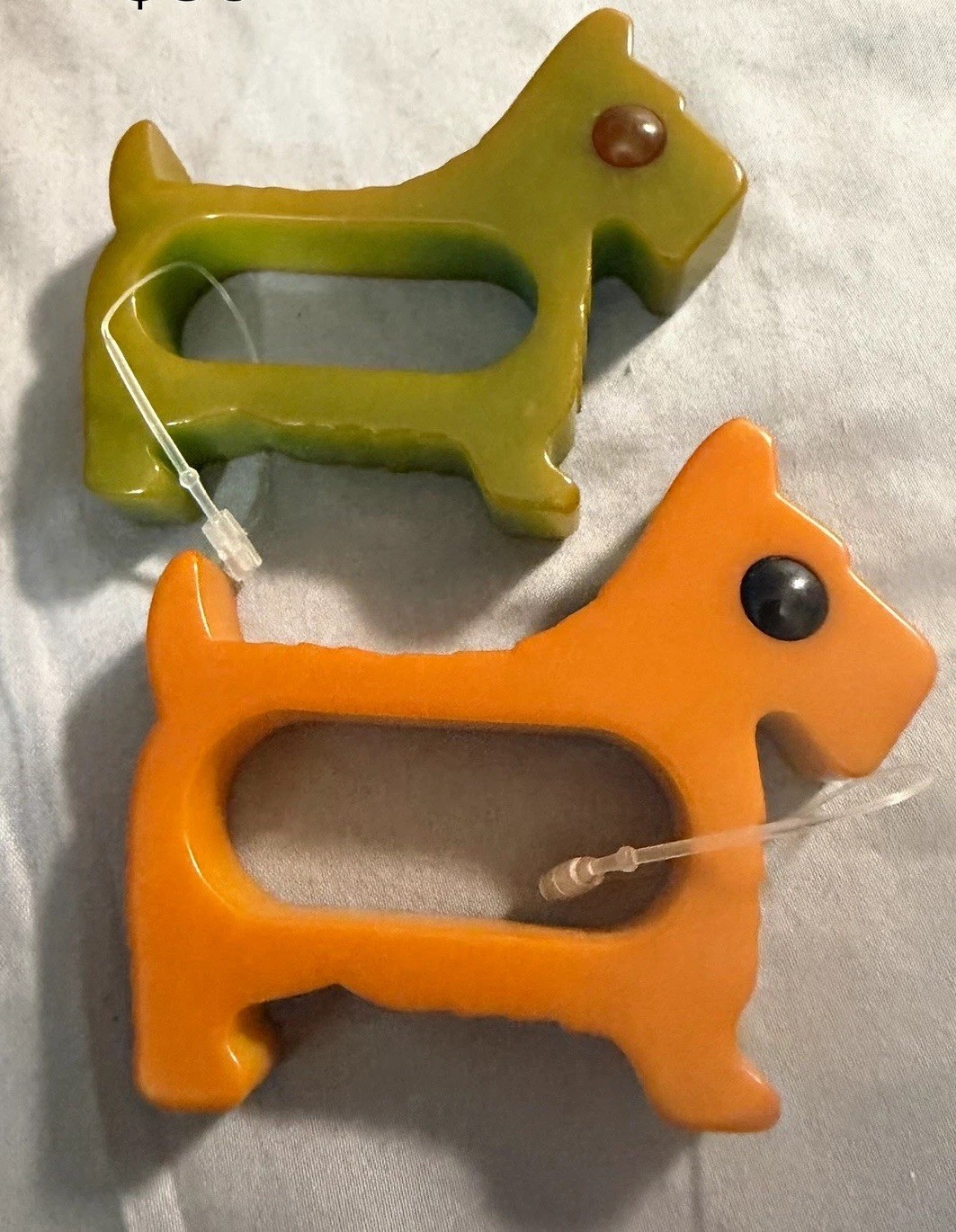 Vintage Bakelite Scotty Dog Pins Set of 2, Green & Orange Dog Shape Pins