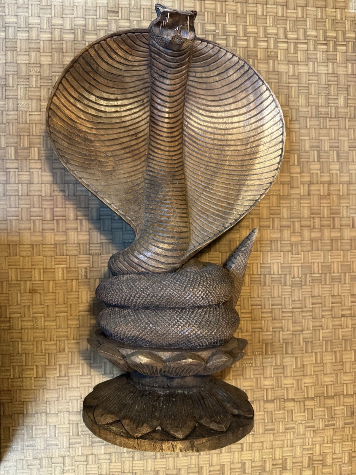 🔥 Large 19 1/2 X 12 1/2  Wooden Carving Cobra Snake Hand Carved Wood Balinese
