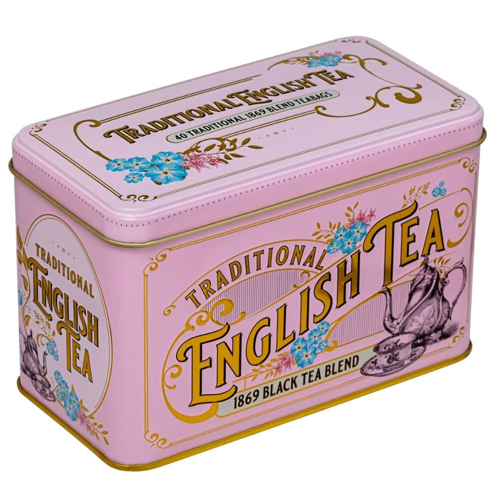 Vintage Pink Tea Tin with Victorian Illustrations 40 Count Pack