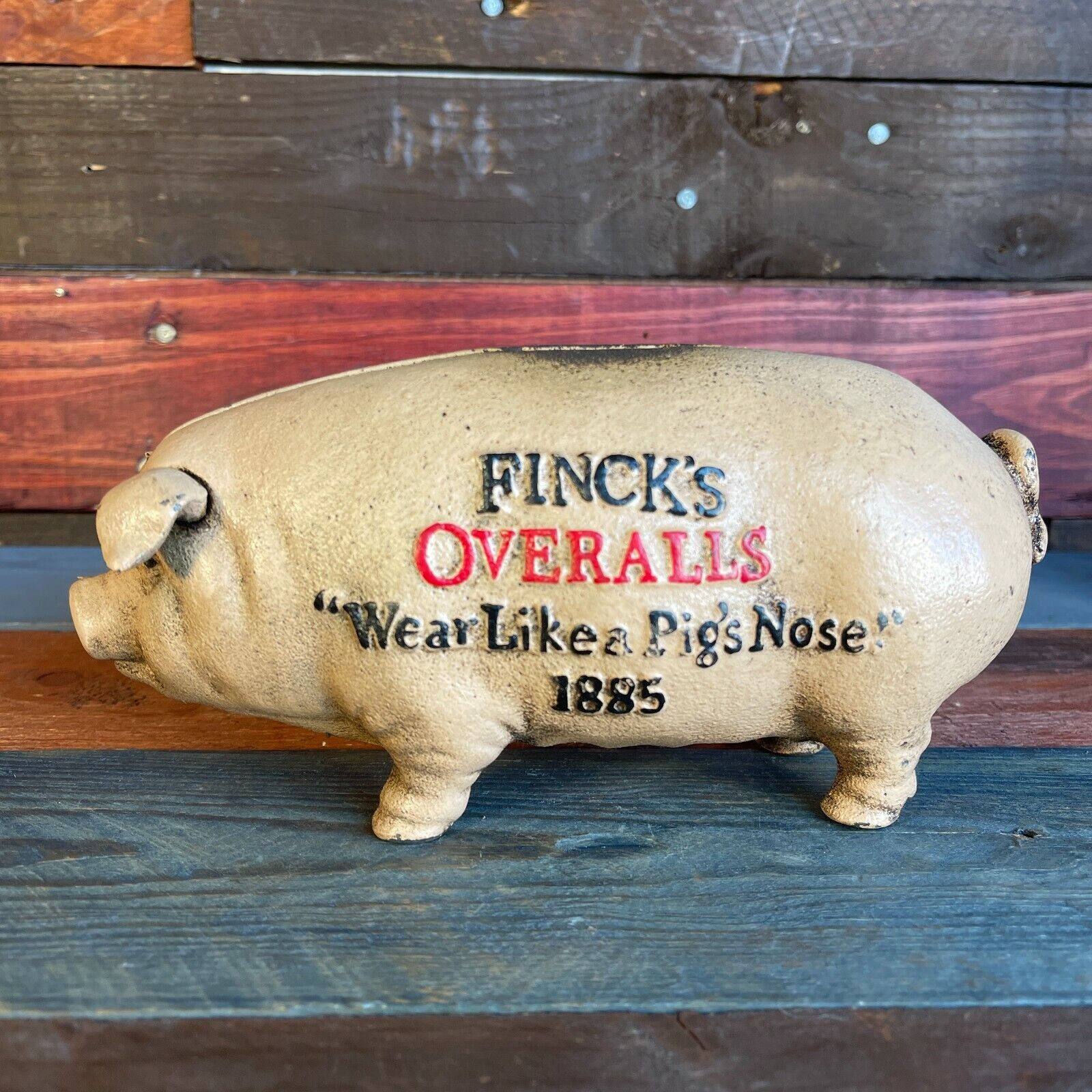 Fincks Overalls Piggy Bank, Cast Iron Pig W/ Antique Finish, Man Cave Bar Decor