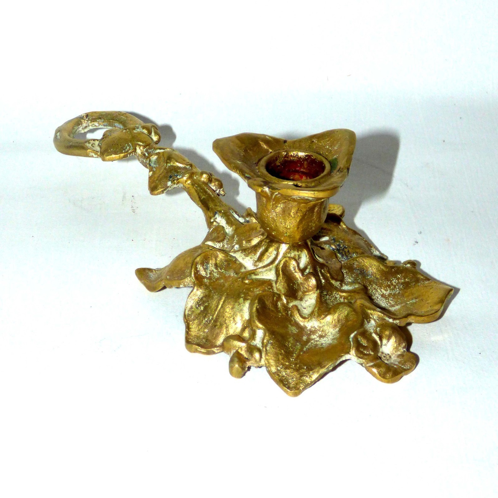 Vintage French Heavy Brass Grape Leaf Chamberstick Finger Loop MCM