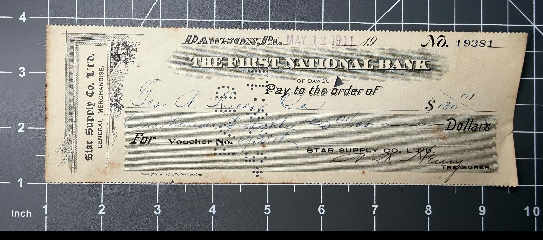1911 Star Supply Co Bank Check Dawson PA George A Kelly Co Ephemera