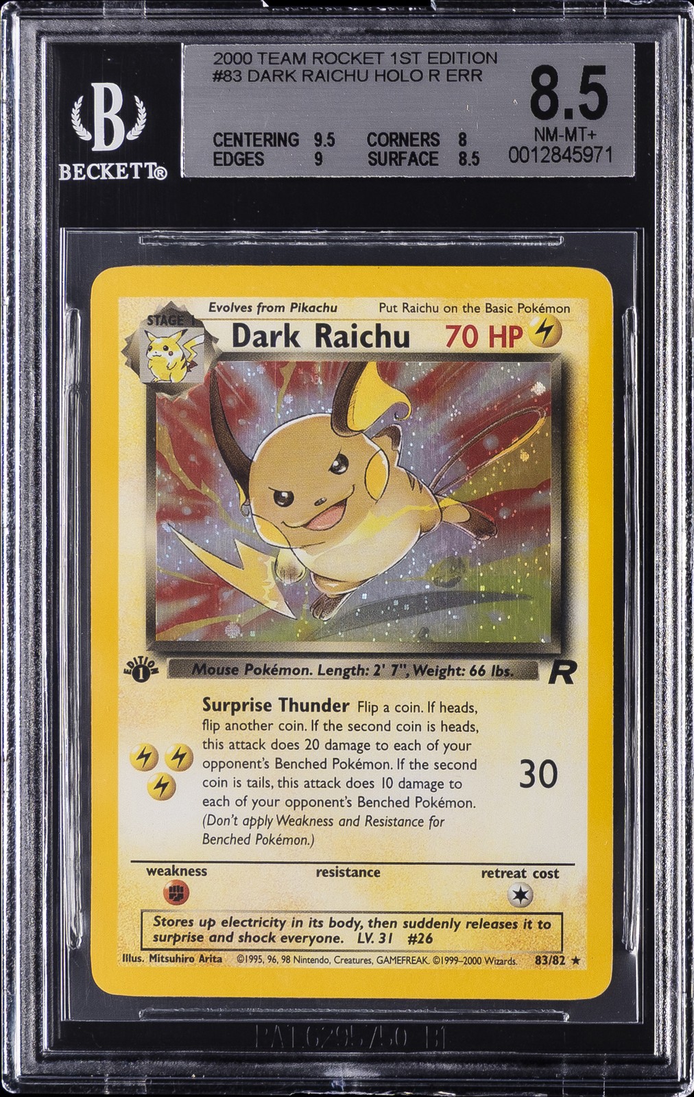 2000 TEAM ROCKET 1ST EDITION HOLO R ERR #83 DARK RAICHU BGS 8.5