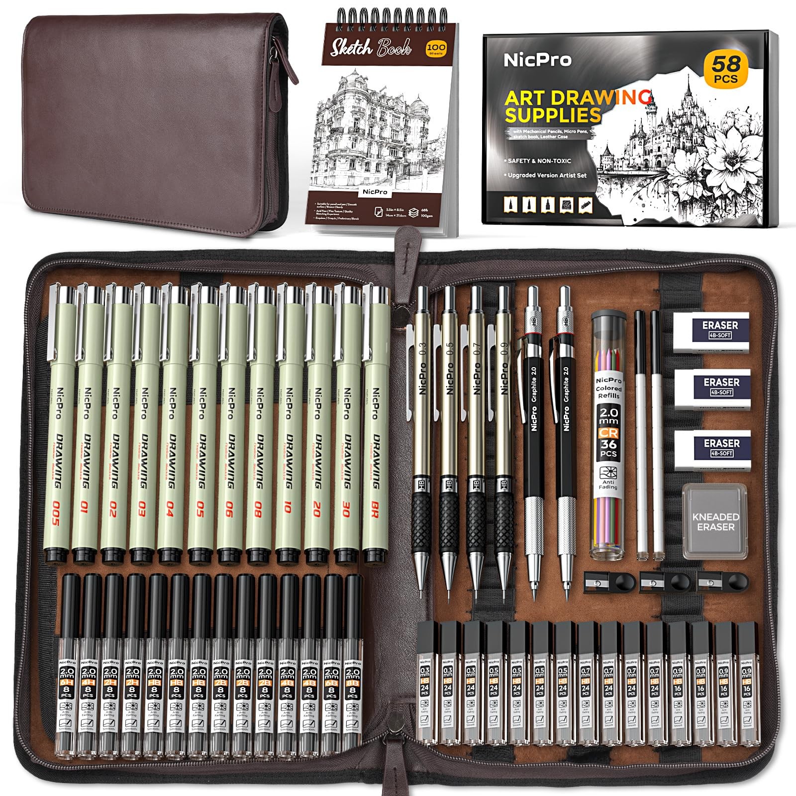 Nicpro 58 PCS Art Drawing 0.3mm 0.5mm 0.7mm 0.9mm 2.0mm, Black+Cowhide 