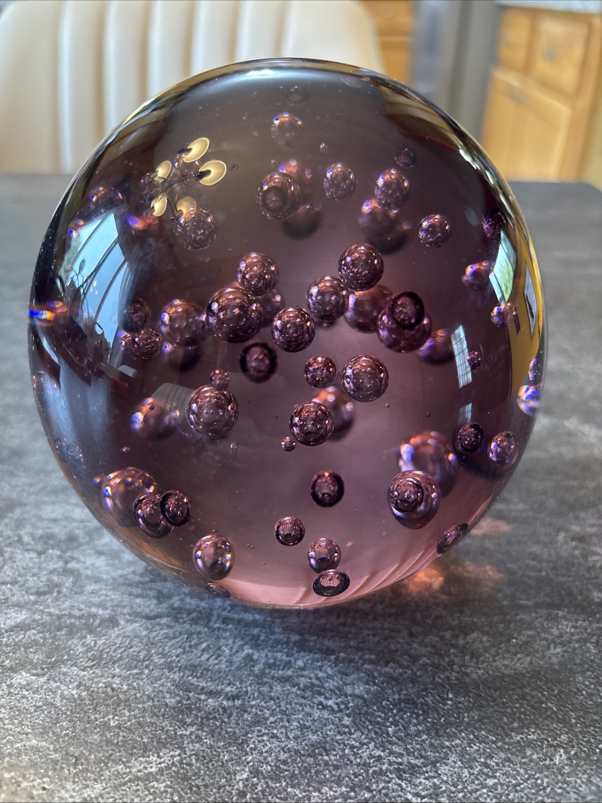 Vintage Round Purple Controlled Trapped Bubble Paperweight 4.5” EUC #DD