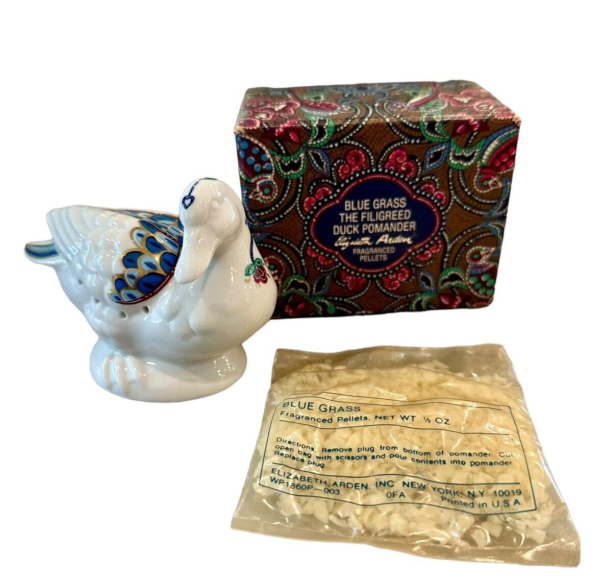 Vintage Elizabeth Arden Porcelain Filigreed Duck Pomander Blue Grass Byzantium