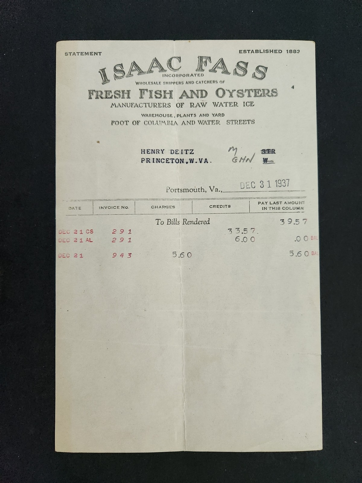 1937 antique BILLHEAD princeton wv ISAAC FASS fresh fish oysters raw water ice